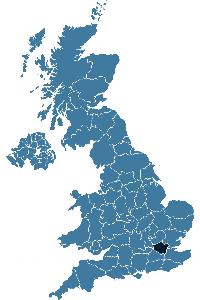 Blue map of United Kingdom with county lines