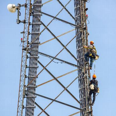 Repairmen climbing network tower